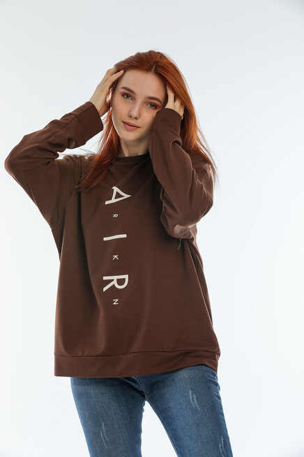 Süperlife Kadın Bisiklet Yaka Oversize Fit Aır Baskılı İnce Sweatshirt SPR22SWK101