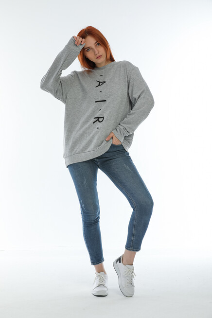 Süperlife Kadın Bisiklet Yaka Oversize Fit Aır Baskılı İnce Sweatshirt SPR22SWK101