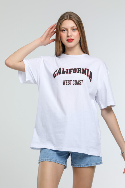 Süperlife Kadın Bisiklet Yaka Regular Fit Californıa Baskılı Tişort SPR21YK22