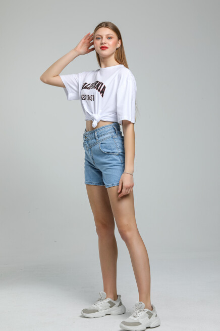 Süperlife Kadın Bisiklet Yaka Regular Fit Californıa Baskılı Tişort SPR21YK22