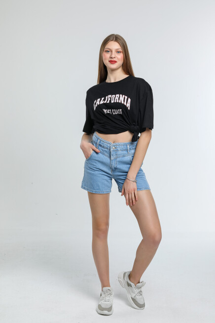 Süperlife Kadın Bisiklet Yaka Regular Fit Californıa Baskılı Tişort SPR21YK22