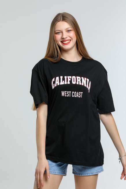 Süperlife Kadın Bisiklet Yaka Regular Fit Californıa Baskılı Tişort SPR21YK22