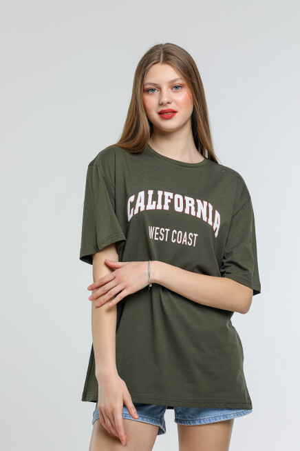 Süperlife Kadın Bisiklet Yaka Regular Fit Californıa Baskılı Tişort SPR21YK22