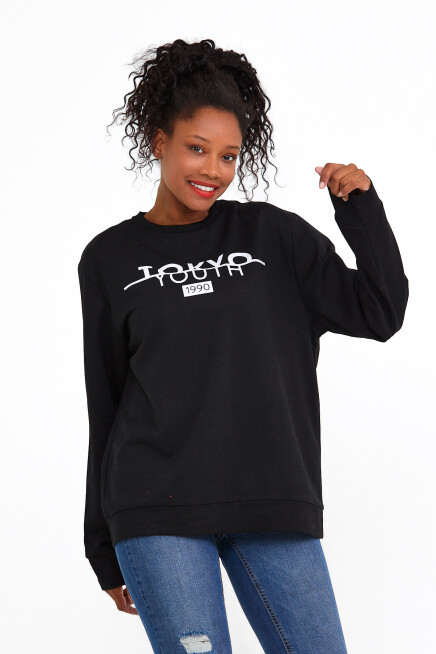 Süperlife Kadın Bisiklet Yaka Regular Fit Tokya Baskılı İnce Sweatshirt SPR22SWK134