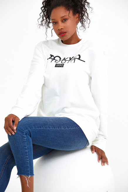 Süperlife Kadın Bisiklet Yaka Regular Fit Tokya Baskılı İnce Sweatshirt SPR22SWK134