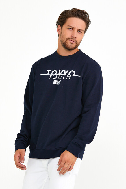 Süperlife Erkek Bisiklet Yaka Regular Fit Tokyo Basklı İnce Sweatshirt spr22sw134