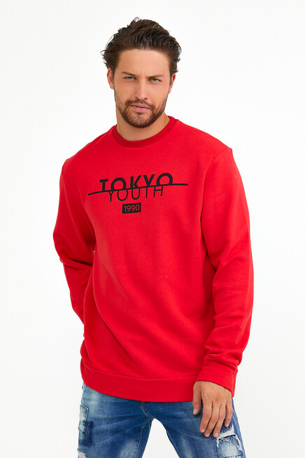 Süperlife Erkek Bisiklet Yaka Regular Fit Tokyo Basklı İnce Sweatshirt spr22sw134
