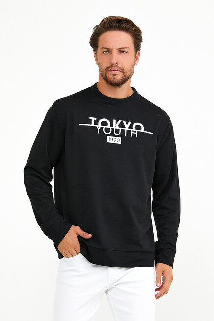 Süperlife Erkek Bisiklet Yaka Regular Fit Tokyo Basklı İnce Sweatshirt spr22sw134