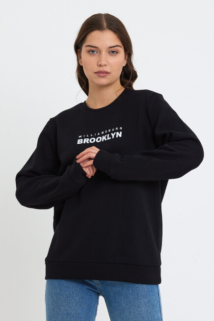 Süperlife Kadın Bisiklet Yaka Oversize Fit Brooklyn Baskılı İnce Sweatshirt SPR23SWK330