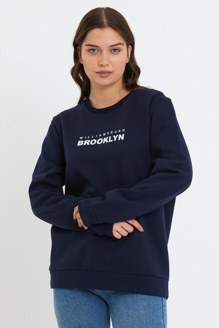 Süperlife Kadın Bisiklet Yaka Oversize Fit Brooklyn Baskılı İnce Sweatshirt SPR23SWK330