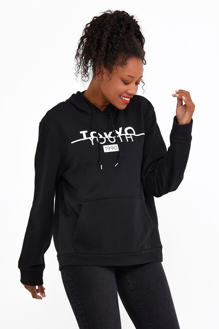 Süperlife Kadın Kapşonlu Regular Fit Tokya Baskılı İnce Sweatshirt SPR22SWK164