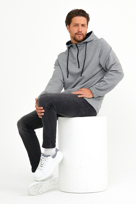 Süperlife Erkek Kapşonlu Regular Fit Yarım Fermuarlı İnce Sweatshirt SPR22SW170