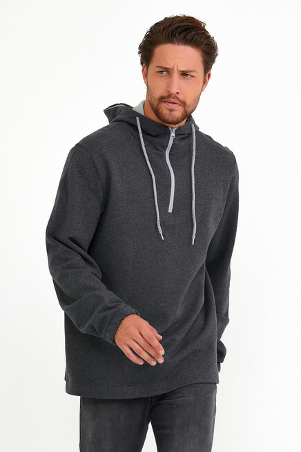 Süperlife Erkek Kapşonlu Regular Fit Yarım Fermuarlı İnce Sweatshirt SPR22SW170
