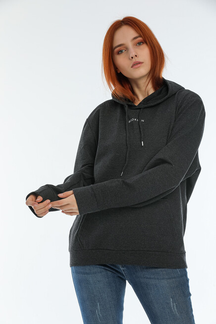 Süperlife Kadın Kapüşonlu Oversize Brooklyn Baskılı İnce Sweatshirt SPR22SWK161