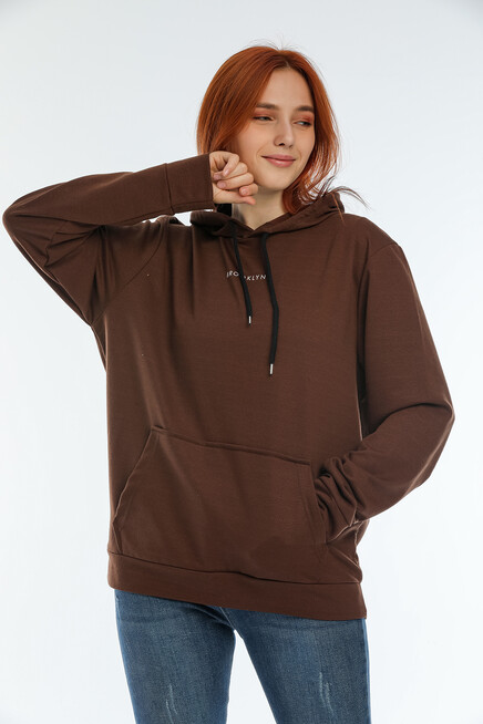 Süperlife Kadın Kapüşonlu Oversize Brooklyn Baskılı İnce Sweatshirt SPR22SWK161