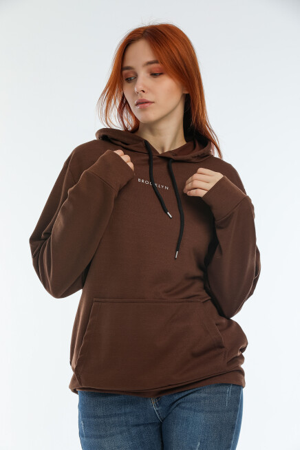 Süperlife Kadın Kapüşonlu Oversize Brooklyn Baskılı İnce Sweatshirt SPR22SWK161