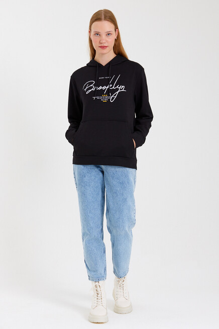 Süperlife Kadın Kapşonlu Regular Fit El Yazılı Brooklyn Baskılı İnce Sweatshirt SPR23SWk361
