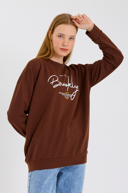 Süperlife Kadın Bisiklet Yaka Regular Fit El Yazılı Brooklyn İnce Sweatshirt SPR23SWK331