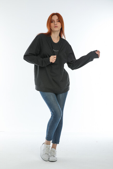 Süperlife Kadın Bisiklet Yaka Oversize Fit Brooklyn Baskılı Sweatshirt SPR22SWK030