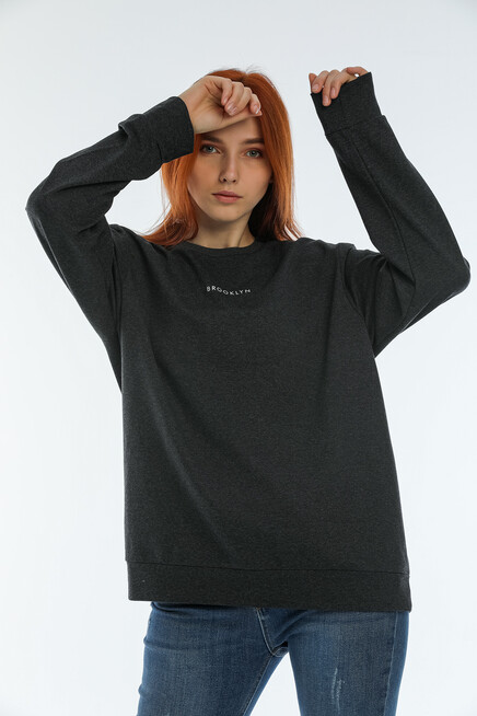 Süperlife Kadın Bisiklet Yaka Oversize Fit Brooklyn Baskılı Sweatshirt SPR22SWK030