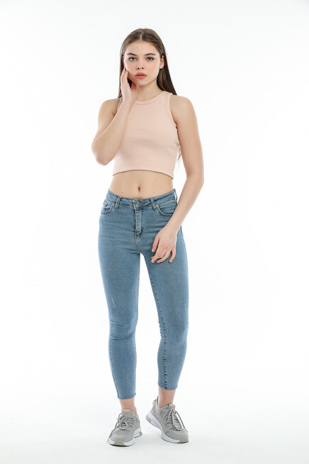 Süperlife Kadın Crop Örme Arkası Yüksek Yaka Slim Fit  Atlet-Tişort SPR21Y11
