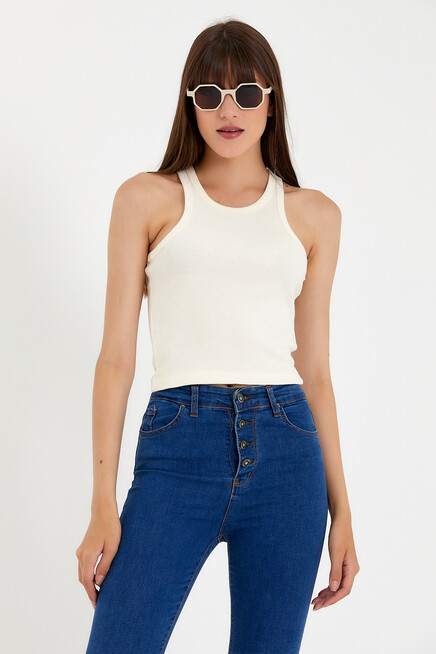 Süperlife Kadın Crop Örme Arkası Yüksek Yaka Slim Fit  Atlet-Tişort SPR21Y11