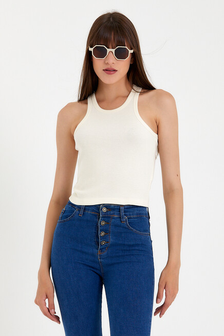 Süperlife Kadın Crop Örme Arkası Yüksek Yaka Slim Fit  Atlet-Tişort SPR21Y11