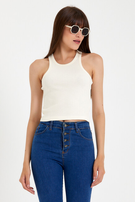 Süperlife Kadın Crop Örme Arkası Yüksek Yaka Slim Fit  Atlet-Tişort SPR21Y11