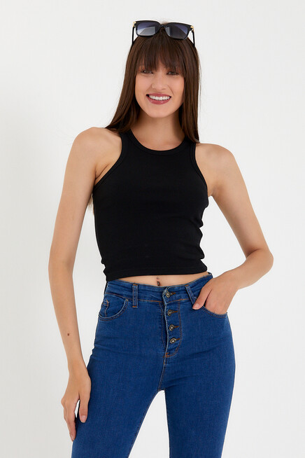 Süperlife Kadın Crop Örme Arkası Yüksek Yaka Slim Fit  Atlet-Tişort SPR21Y11