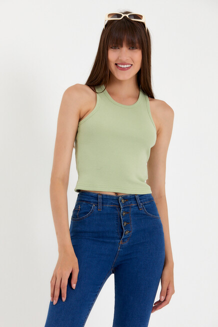 Süperlife Kadın Crop Örme Arkası Yüksek Yaka Slim Fit  Atlet-Tişort SPR21Y11