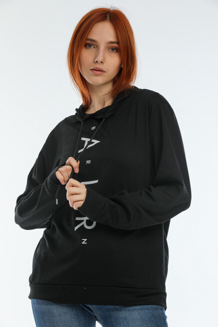 Süperlife Kadın Kapşonlu AR Baskılı İnce Sweatshırt SPR22SWk162