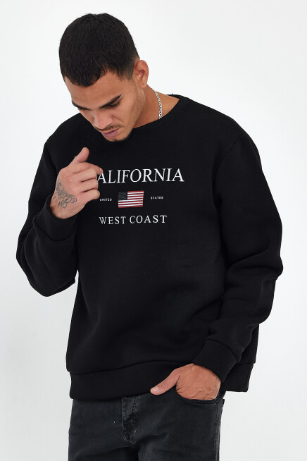 Süperlife Erkek Bisiklet Yaka Rahat Kalıp İçi Polarlı 3 iplik Amerikan Baskılı Swetashırt spr24sw26