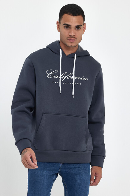 Erkek Kapşonlu Rahat Kalıp İçi Polarlı 3 iplik EL Yazılı Californıa Baskılı Swetashırt spr24sw03