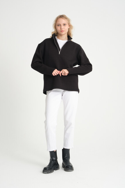  Kadın  Rahat Kalıp İçi Polarlı 3 iplik Yarım Fermuarlı  SweatShırt spr24swK21