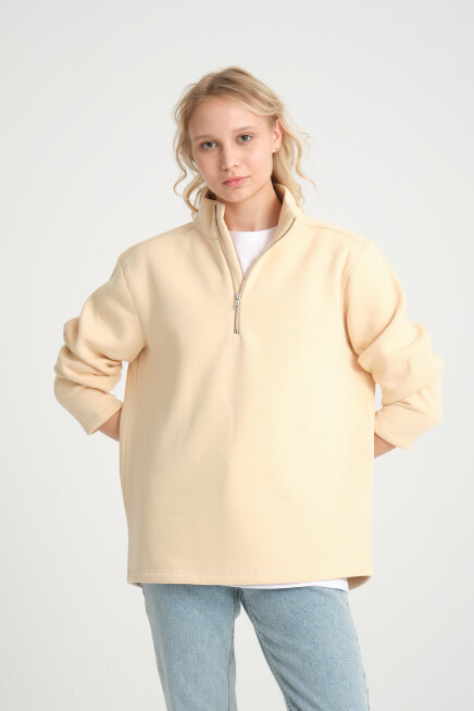  Kadın  Rahat Kalıp İçi Polarlı 3 iplik Yarım Fermuarlı  SweatShırt spr24swK21