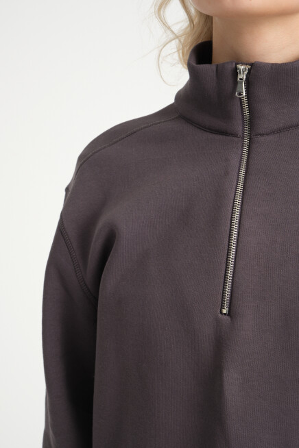  Kadın  Rahat Kalıp İçi Polarlı 3 iplik Yarım Fermuarlı  SweatShırt spr24swK21