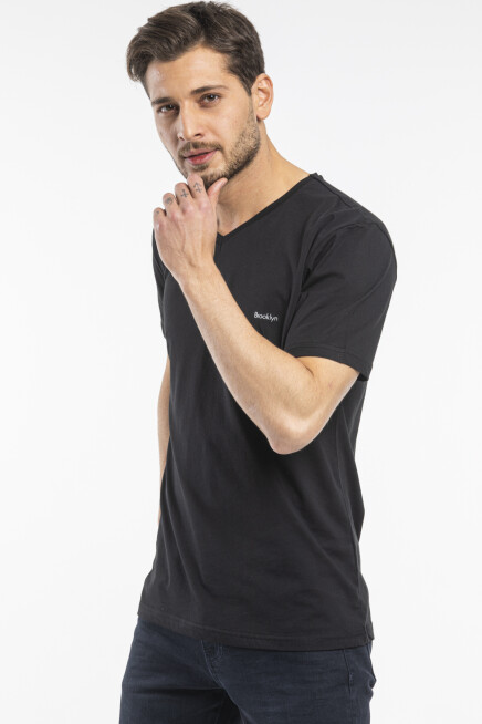 Süperlife Erkek V Yaka Slim Fit Brooklyn Baskılı Kısa Kollu Tişort SPR 265