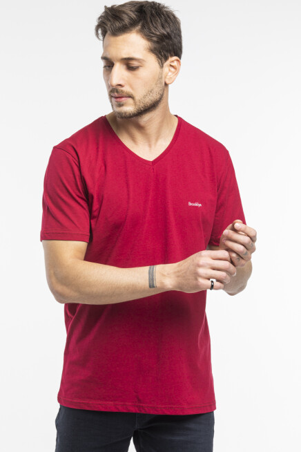 Süperlife Erkek V Yaka Slim Fit Brooklyn Baskılı Kısa Kollu Tişort SPR 265