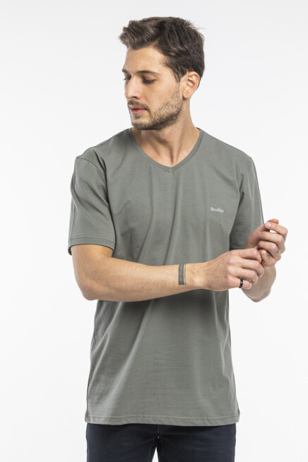 Süperlife Erkek V Yaka Slim Fit Brooklyn Baskılı Kısa Kollu Tişort SPR 265