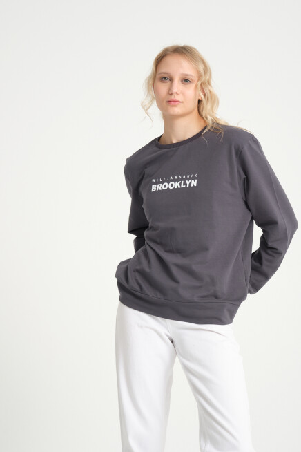 Süperlife Kadın Bisiklet Yaka Oversize Fit Brooklyn Baskılı İnce Sweatshirt SPR23SWK330