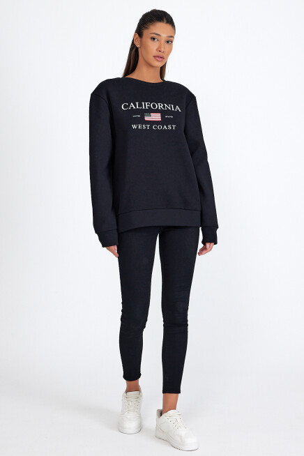 Süperlife Kadın Bisiklet Yaka Rahat Kalıp İçi Polarlı 3 iplik Amerikan Baskılı Swetashırt spr24swk26