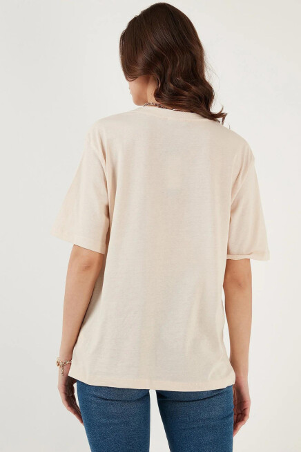 Süperlife Kadın Bisiklet Yaka Regular Fit Baskılı Tişort SPR21YK23