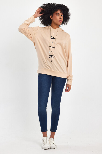 Süperlife Kadın Kapşonlu AR Baskılı İnce Sweatshırt SPR22SWk162