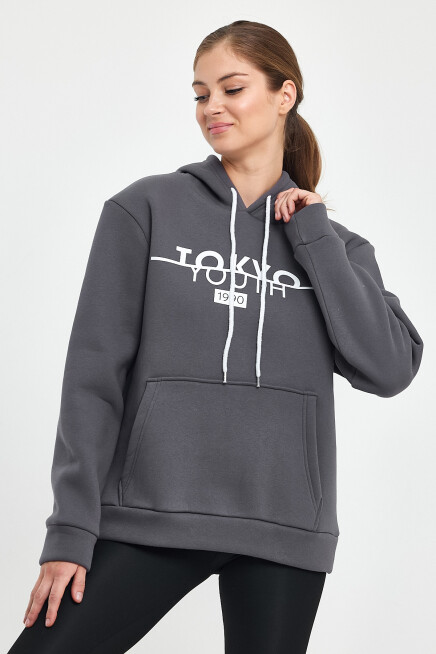 Kadın Kapşonlu Rahat Kalıp İçi Polarlı 3 iplik Tokyo Baskılı Swetashırt Spr24swk12