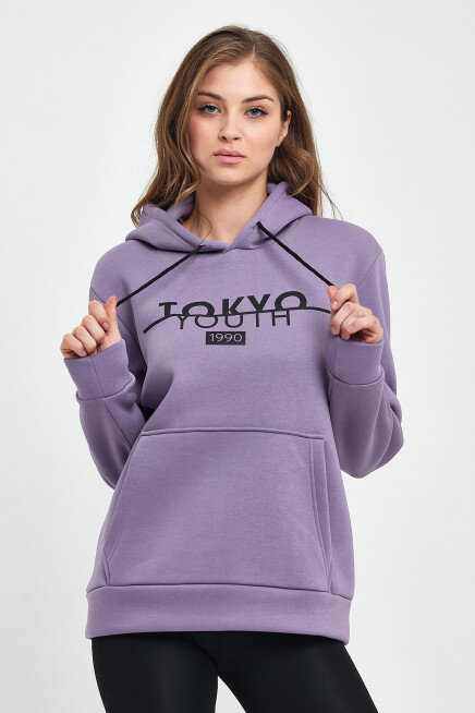 Kadın Kapşonlu Rahat Kalıp İçi Polarlı 3 iplik Tokyo Baskılı Swetashırt Spr24swk12