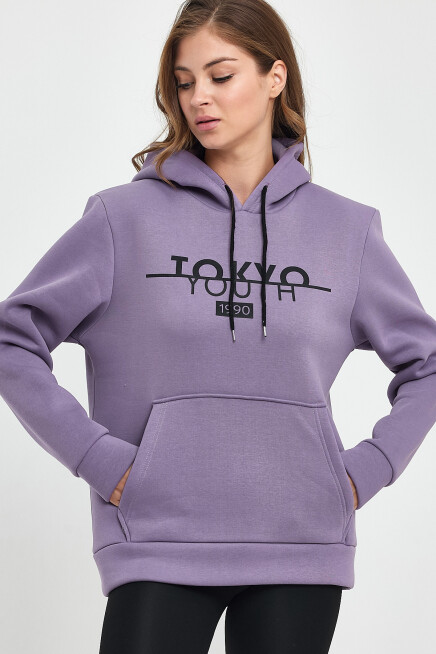 Kadın Kapşonlu Rahat Kalıp İçi Polarlı 3 iplik Tokyo Baskılı Swetashırt Spr24swk12