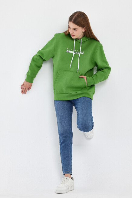 Kadın Kapşonlu Rahat Kalıp İçi Polarlı 3 iplik  W. Brooklyn Baskılı Swetashırt spr24swk04 