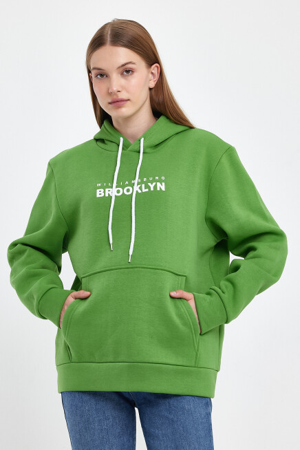 Kadın Kapşonlu Rahat Kalıp İçi Polarlı 3 iplik  W. Brooklyn Baskılı Swetashırt spr24swk04 