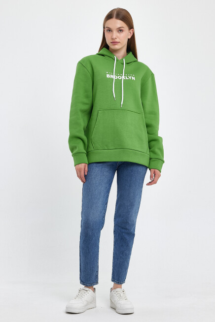 Kadın Kapşonlu Rahat Kalıp İçi Polarlı 3 iplik  W. Brooklyn Baskılı Swetashırt spr24swk04 