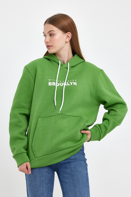 Kadın Kapşonlu Rahat Kalıp İçi Polarlı 3 iplik  W. Brooklyn Baskılı Swetashırt spr24swk04 